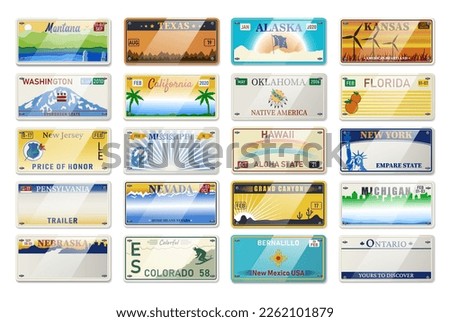 Auto plate and car numbers set of vehicle registration in USA states. Car plates. Vehicle license numbers of different American states. Metal sign boards automobile plates with digits and letters