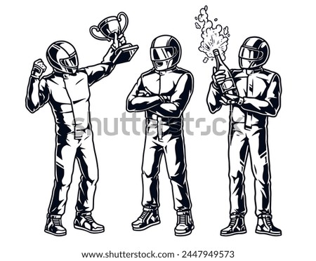 Auto racers monochrome set elements with three car drivers in motorsports competition uniform celebrating victory vector illustration
