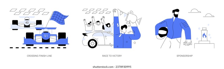 Juego de ilustraciones vectoriales de concepto abstracto de carreras automáticas. Cruzar la línea de meta, correr a la victoria, bandera a cuadros, celebrar la victoria, patrocinio en deportes de motor, metáfora abstracta de promoción de marca.