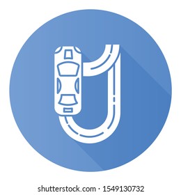 Auto racing blue flat design long shadow glyph icon. Two-seater vehicle on circuit track. Automobile drift. Sliding motorcar. Production car race. Extreme sport. Vector silhouette illustration