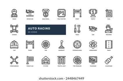 Auto racing car race sport automotive detailed outline line icon set