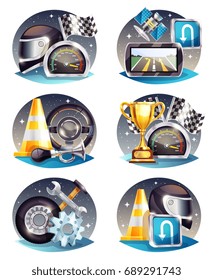 Auto racing compositions set with satellite navigator, flag, trophy, service tools, helmet, road cone isolated vector illustration  