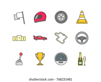 Auto racing flat line colored icons set with flag, helmet, race tire, traffic cone, sport car, steering wheel, trophy cup, speedometer, champagne bottle.