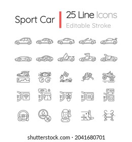 Auto Racing Linear Icons Set. Driving Sports Cars. Innovative Tech Features. Exterior Design. Customizable Thin Line Contour Symbols. Isolated Vector Outline Illustrations. Editable Stroke