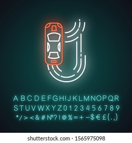 Auto racing neon light icon. Two-seater vehicle on circuit track. Automobile drift. Sliding motorcar. Production car race. Glowing sign with alphabet, numbers and symbols. Vector isolated illustration