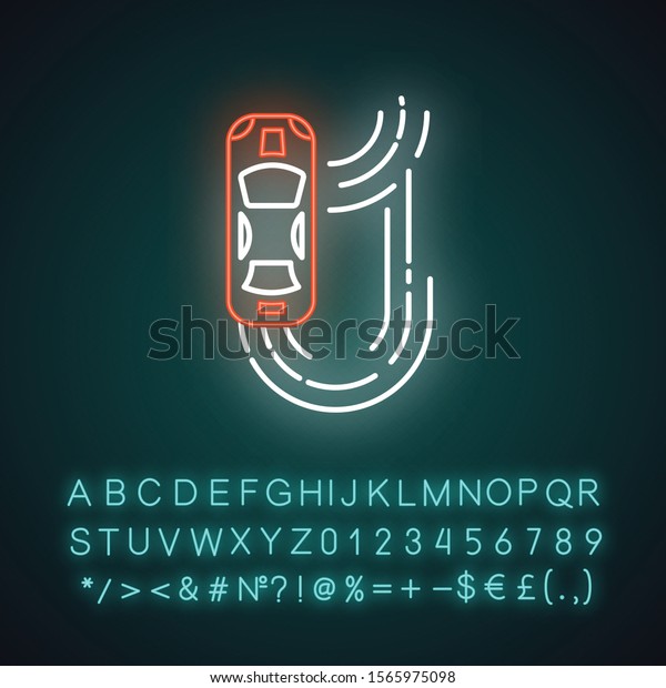 Auto racing neon light icon. Two-seater\
vehicle on circuit track. Automobile drift. Sliding motorcar.\
Production car race. Glowing sign with alphabet, numbers and\
symbols. Vector isolated\
illustration