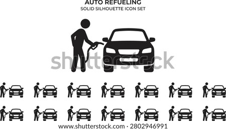 Auto refueling solid silhouette icon, person filling car with gas at fuel station, transportation service sign