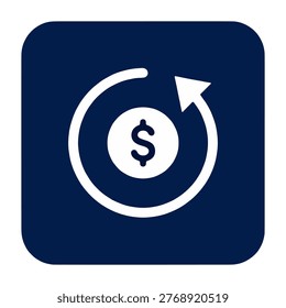 auto renew dollar coin with circular arrow icon representing automatic subscription renewal recurring payment reinvestment compounding income revenue return on navy blue rounded square background