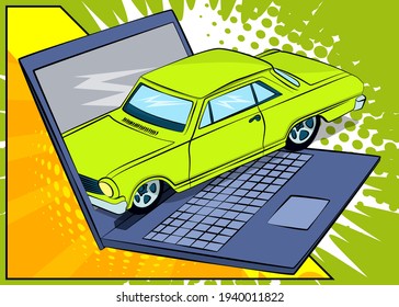 Auto rental, online sale, purchase, car sharing concept. Comic book style vector cartoon illustration. Car realtor advertising on the internet.