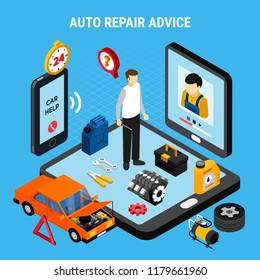 Auto repair advice isometric concept with diagnostics symbols vector illustration 