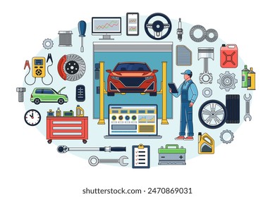 Reparación de automóviles, concepto de servicio de automóviles. Un mecánico de automóviles diagnostica un automóvil en un ascensor en un centro de servicio. Ilustración vectorial con el conjunto de iconos de reparación de coches, comprobación, puesta a punto, herramientas de mantenimiento, piezas de repuesto