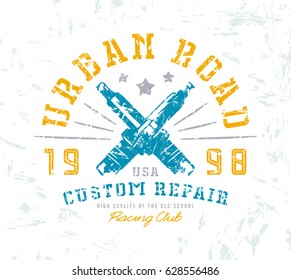 Auto repair emblem for t-shirt. Graphic design with image of spark-plug. Color print on white background