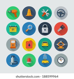 auto repair flat style icons set, drill, steering wheel, lock, key, gas station, car, wash,  isolated vector illustration. Design for web and mobile app.