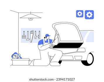 Auto repair garage abstract concept vector illustration. Repairman deals with car maintenance in garage, vehicle fixing services, personal transport, check the motor abstract metaphor.