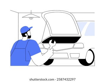 Auto repair garage isolated cartoon vector illustrations. Professional repairman fixing a car in garage, holding wrench, small business, vehicle maintenance, automobile industry vector cartoon.