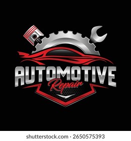 Auto repair garage logo design template. Emblem with Gear and Piston element.