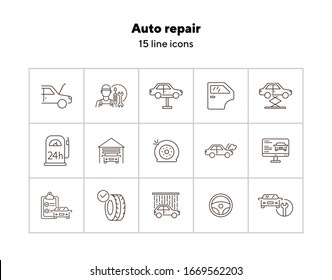 Auto repair icons. Set of line icons. Car lift, flat tyre, diagnostic. Car repair concept. Vector illustration can be used for topics like car service, business, advertising