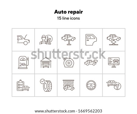Auto repair icons. Set of line icons. Car lift, flat tyre, diagnostic. Car repair concept. Vector illustration can be used for topics like car service, business, advertising