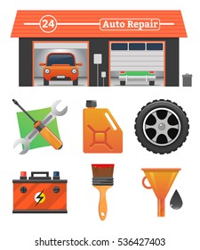 Auto repair icons set Vector garage concept. Car tuning, gas station, oil, auto repair, battery charging, autocorrect, auto painting. Cars in garage, car wash