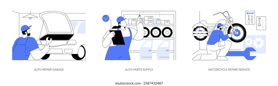 Auto repair isolated cartoon vector illustrations set. Professional repairman fixing a car in garage, man check parts supply, motorcycle maintenance service, small business vector cartoon.