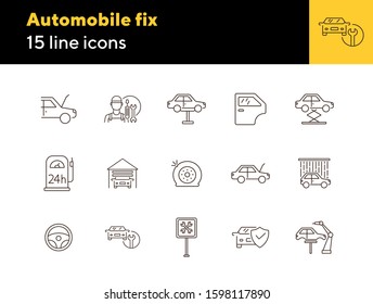 Auto repair line icons. Set of line icons. Tyre, auto service, wheel. Car repair concept. Vector illustration can be used for topics like car service, business, advertising