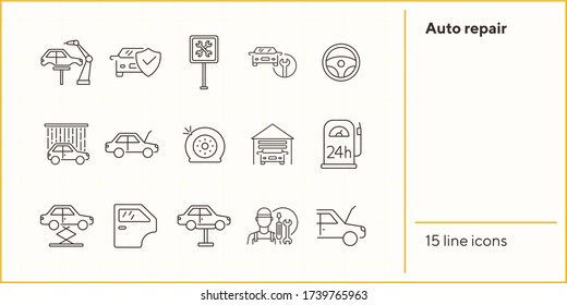 Auto repair line icons. Set of line icons. Tyre, auto service, wheel. Car repair concept. Vector illustration can be used for topics like car service, business, advertising