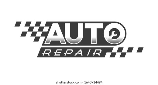 Auto Repair Logo Concept, Custom Typography Automotive Service Reparation with Race Flag Pattern Design Vector