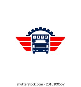 Auto repair logo. Truck, wrenches, gears, shockbreaker and brakes.