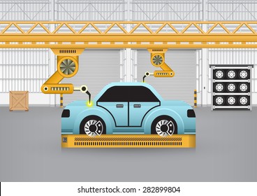 Auto repair and maintenance work by robot automation in auto repair shop, Auto repair shop building background, Motor vehicle service or maintenance, Automotive and robotics engineering, Vector design