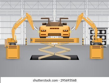 Auto repair and maintenance work by robot automation in auto repair shop, Auto repair shop building background, Motor vehicle service or maintenance, Automotive and robotics engineering, Vector design