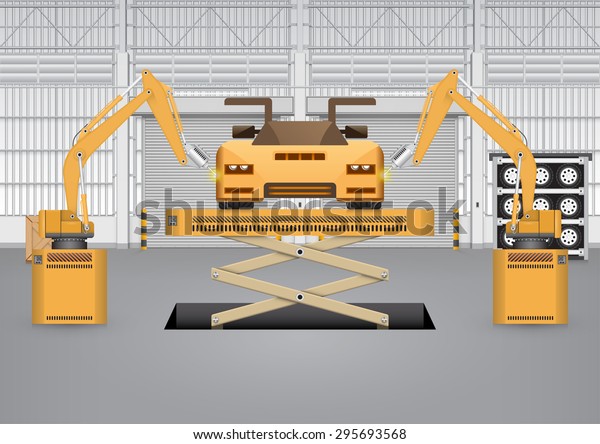 Auto repair and maintenance work by robot\
automation in auto repair shop, Auto repair shop building\
background, Motor vehicle service or maintenance, Automotive and\
robotics engineering, Vector\
design