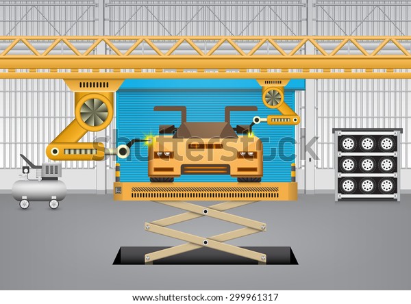 Auto repair and maintenance work by robot
automation in auto repair shop, Auto repair shop building
background, Motor vehicle service or maintenance, Automotive and
robotics engineering, Vector
design