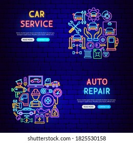 Auto Repair Neon Banners. Vector Illustration of Car Service Promotion.