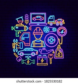 Reparación automática del concepto de neón. Ilustración vectorial de la promoción del servicio de coches.