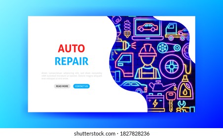 Auto Repair Neon Landing Page. Vector Illustration of Car Service Promotion.