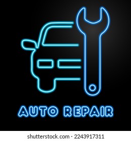 auto repair neon sign, modern glowing banner design, colorful modern design trends on black background. Vector illustration.