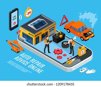 Auto repair online advice isometric concept with spare parts symbols vector illustration