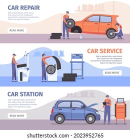 Auto repair service banner. Car workshop posters with workers fix cars and wheel tires. Vehicle mechanic maintenance advertising vector set. Illustration diagnostic repairman, professional banner