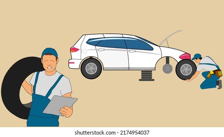 Auto repair service. Car workshop panorama, mechanics team in garage do technical inspection and digital diagnostics automobile, change wheels vector horizontal banner maintenance vehicle concept