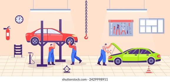 Auto repair service. Cartoon male characters in uniform fixing vehicle on station. Mechanic workers checking wheels. Man opening hood for transport inspection. Professional diagnostic vector