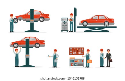 Auto Repair Service Center Vector Illustrations Set. Tire Servicing Person Working