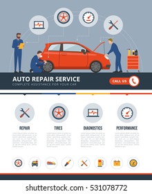 Auto repair service infographic with mechanics working on a car, text and icons set: repair, tires, diagnostics, performance