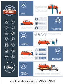 Auto Repair Service Infographic With Mechanics Working On A Car, Text And Icons Set: Repair, Tires, Diagnostics, Performance, Roadside Assistance