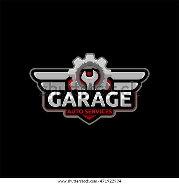 Auto repair service logo,\
badge, emblem, template. Key and gear on background of the shield.\
