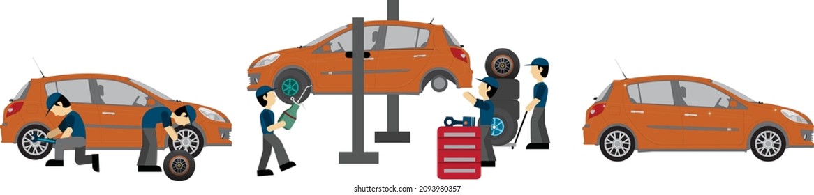 Auto Repair Service. Auto Mechanic Near the Car Lifted on Autolifts. Vector illustration
