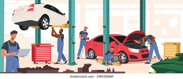 Auto Repair Service, Mechanics Characters with Instruments Fixing and Diagnostics Car. Men in Blue Uniform Station Staff Checking Auto, Maintenance and Mending. Cartoon People Vector Illustration