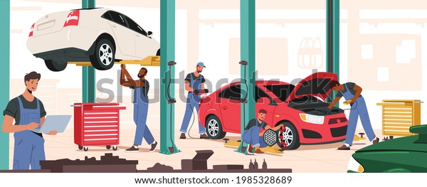 Auto Repair Service, Mechanics Characters\
with Instruments Fixing and Diagnostics Car. Men in Blue Uniform\
Station Staff Checking Auto, Maintenance and Mending. Cartoon\
People Vector\
Illustration