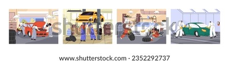 Auto repair service set. Mechanic work with car lift, change tyre, painting automobile, check engine. People fitting tire, perform vehicle diagnostic, fix breakdown in garage. Flat vector illustration