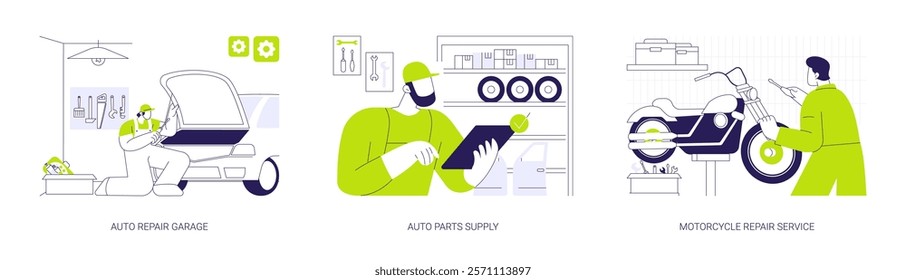 Auto repair services abstract concept vector illustration set. Repair garage, auto parts supply, motorcycle fixing service, repairman checks engine, personal transport maintenance abstract metaphor.