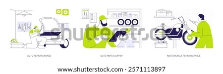 Auto repair services abstract concept vector illustration set. Repair garage, auto parts supply, motorcycle fixing service, repairman checks engine, personal transport maintenance abstract metaphor.